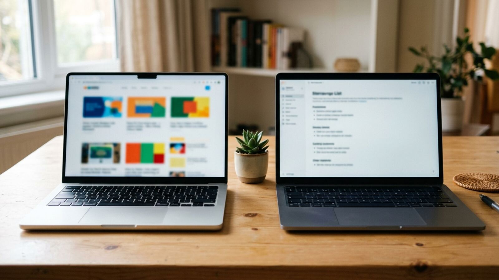 Deux ordinateurs portables côte à côte pour comparer deux façons de créer un site Deux ordinateurs côte à côte : Wix ou WordPress pour créer un site
