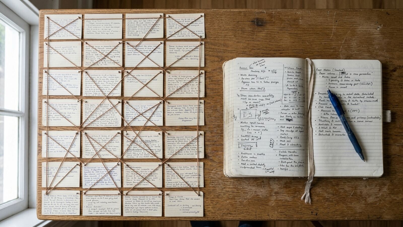 Grille de fiches reliées à gauche et carnet de notes à droite, deux façons d'organiser l'information