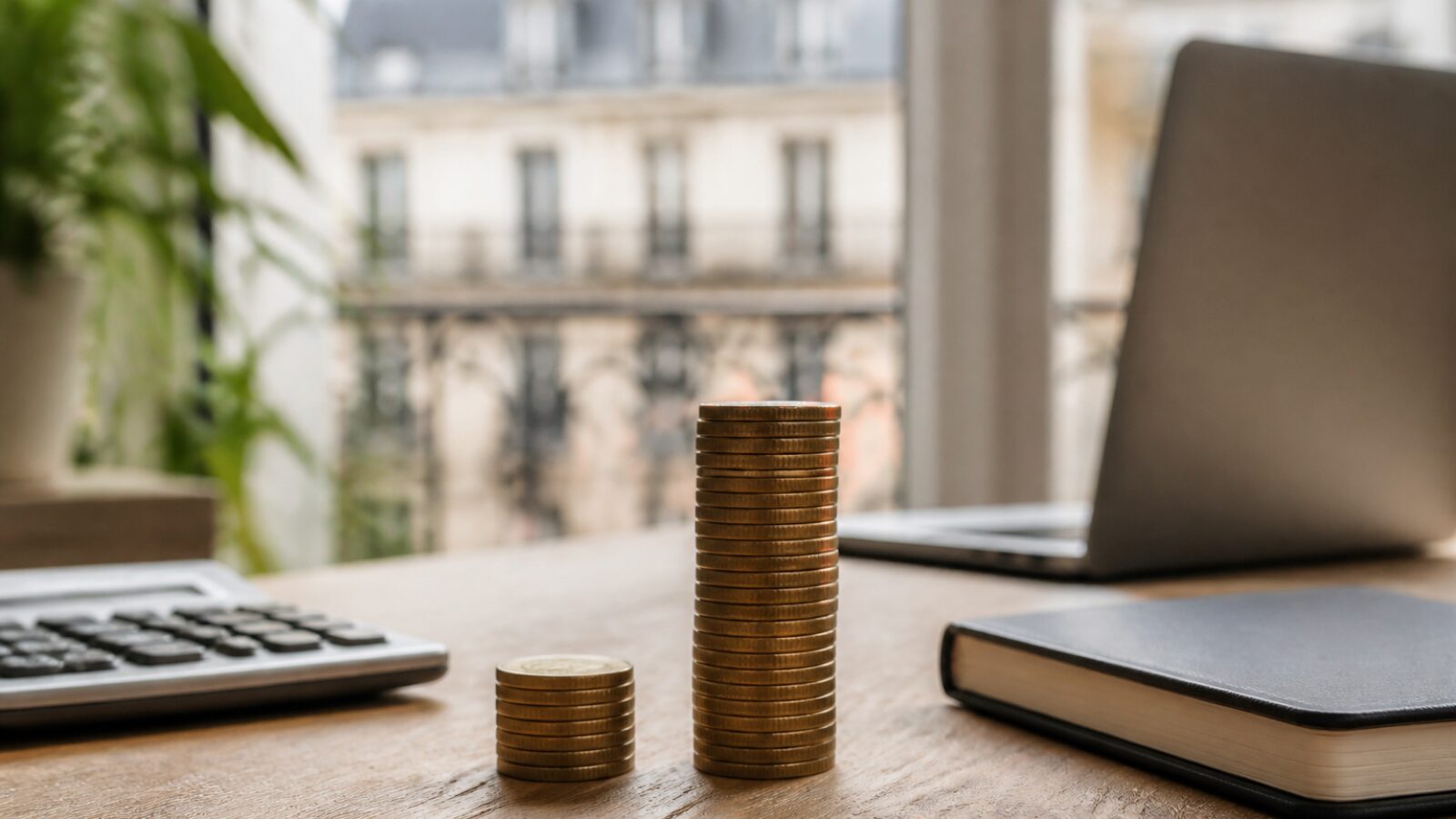 Deux piles de pièces de hauteurs différentes près d'une calculatrice Deux piles de pièces de hauteurs différentes illustrant l'écart de coût d'une LLC au Delaware
