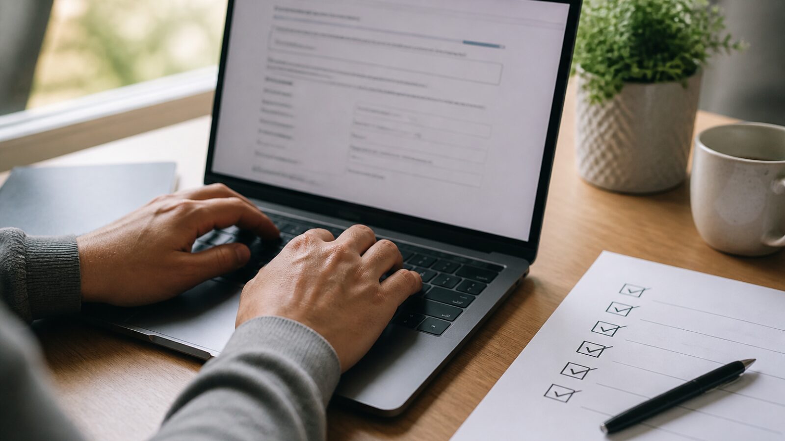 Dépôt en ligne des statuts d'une LLC Mains remplissant un formulaire en ligne pour déposer les statuts d'une LLC au Nouveau-Mexique