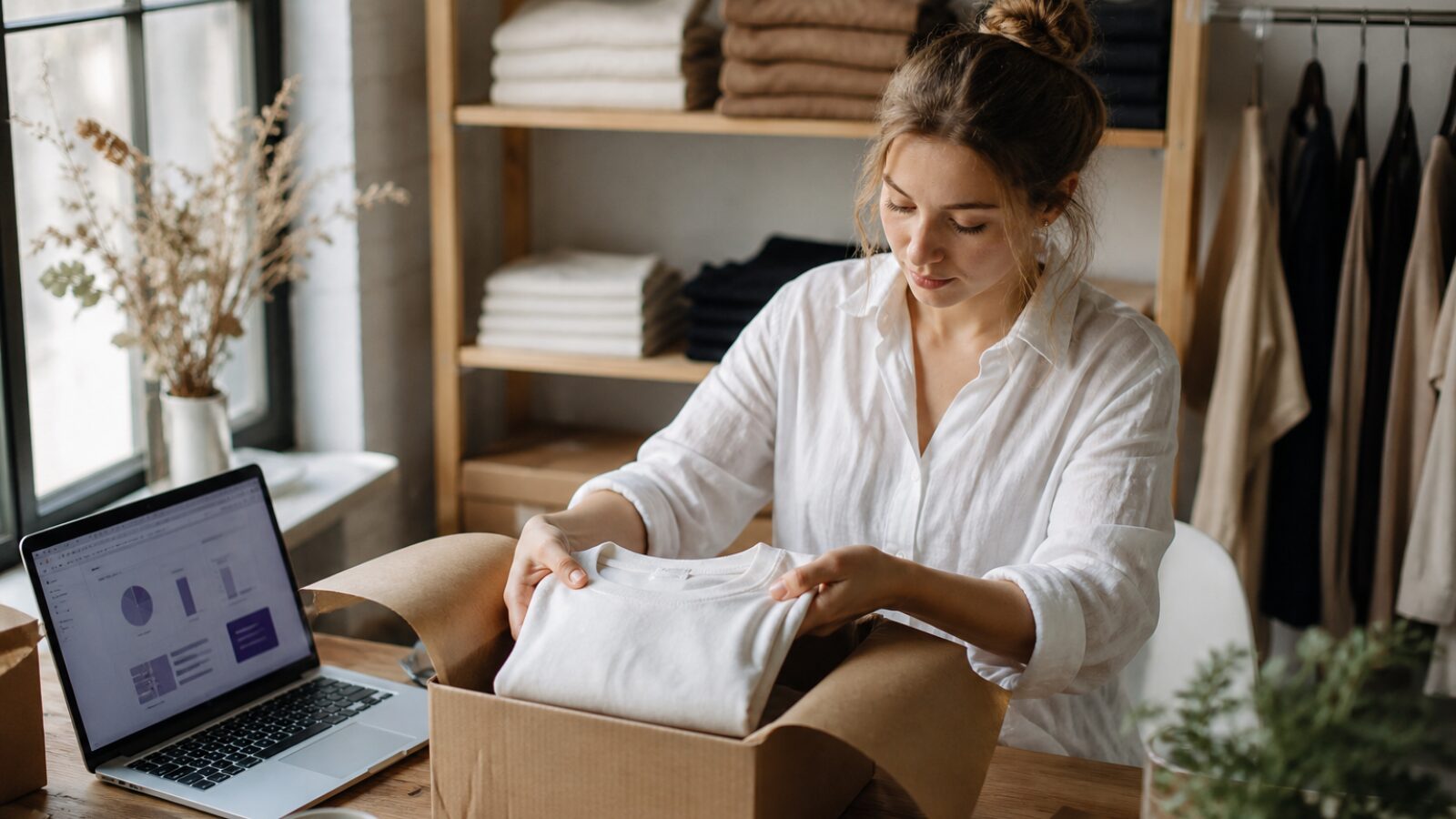 Préparation d’une commande dans une boutique sans stock Une vendeuse prépare un colis avec les outils de dropshipping ouverts sur son ordinateur