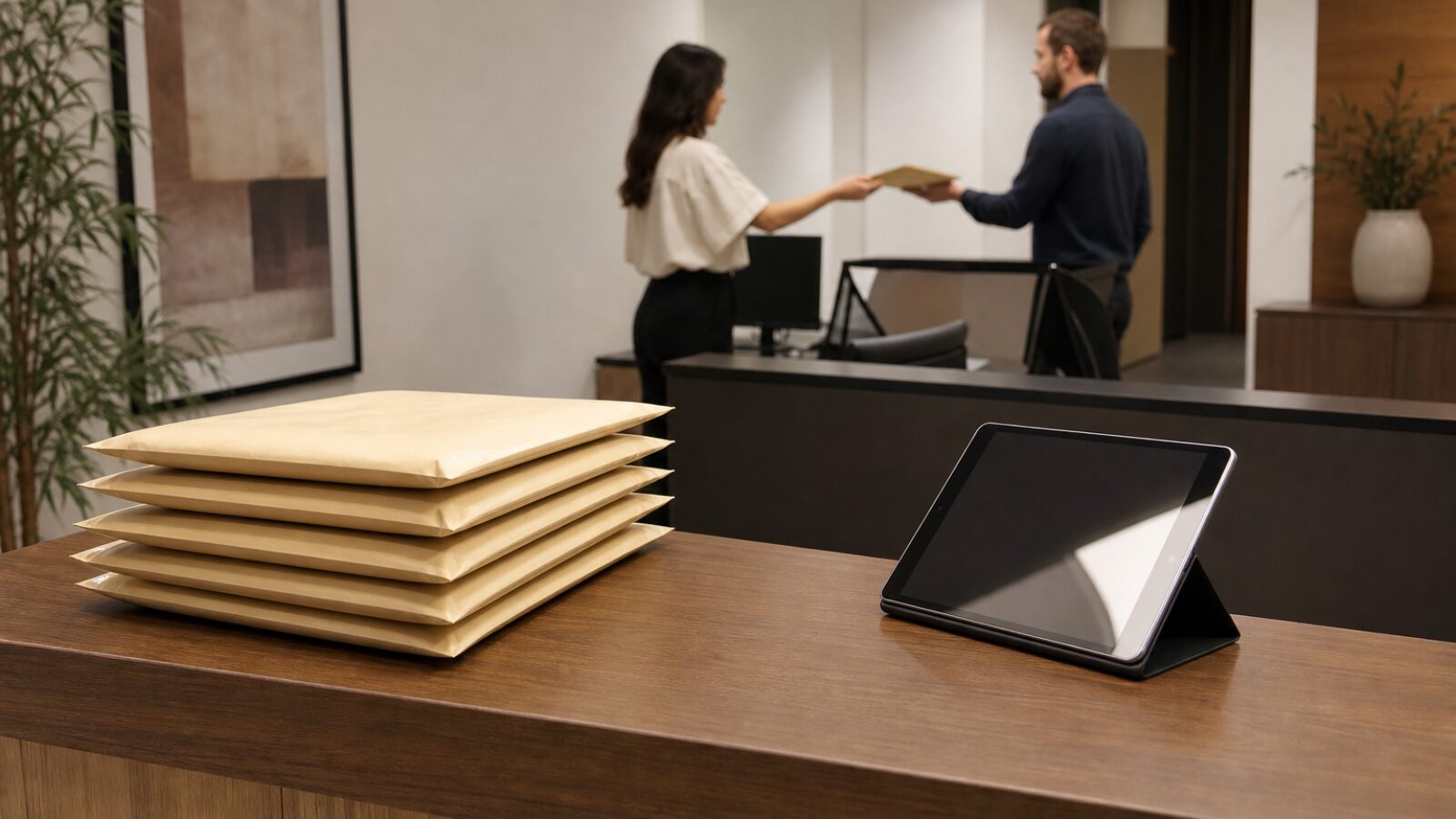 Comptoir d'accueil où un registered agent réceptionne des enveloppes officielles