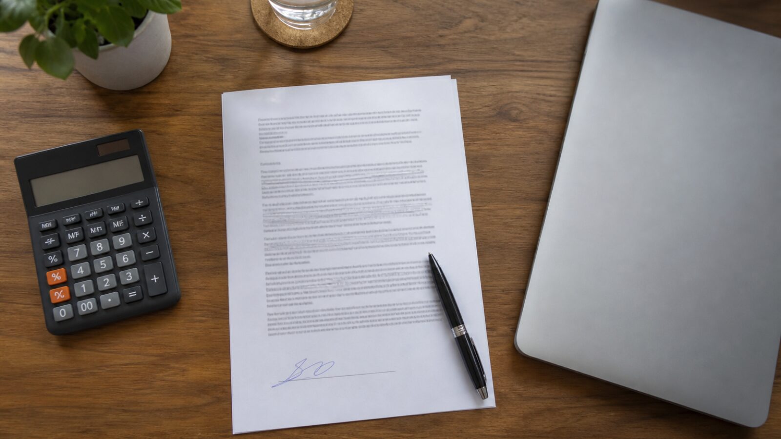Contrat signé et calculatrice sur un bureau Un contrat signé près d'une calculatrice pour chiffrer le coût de Stripe Atlas