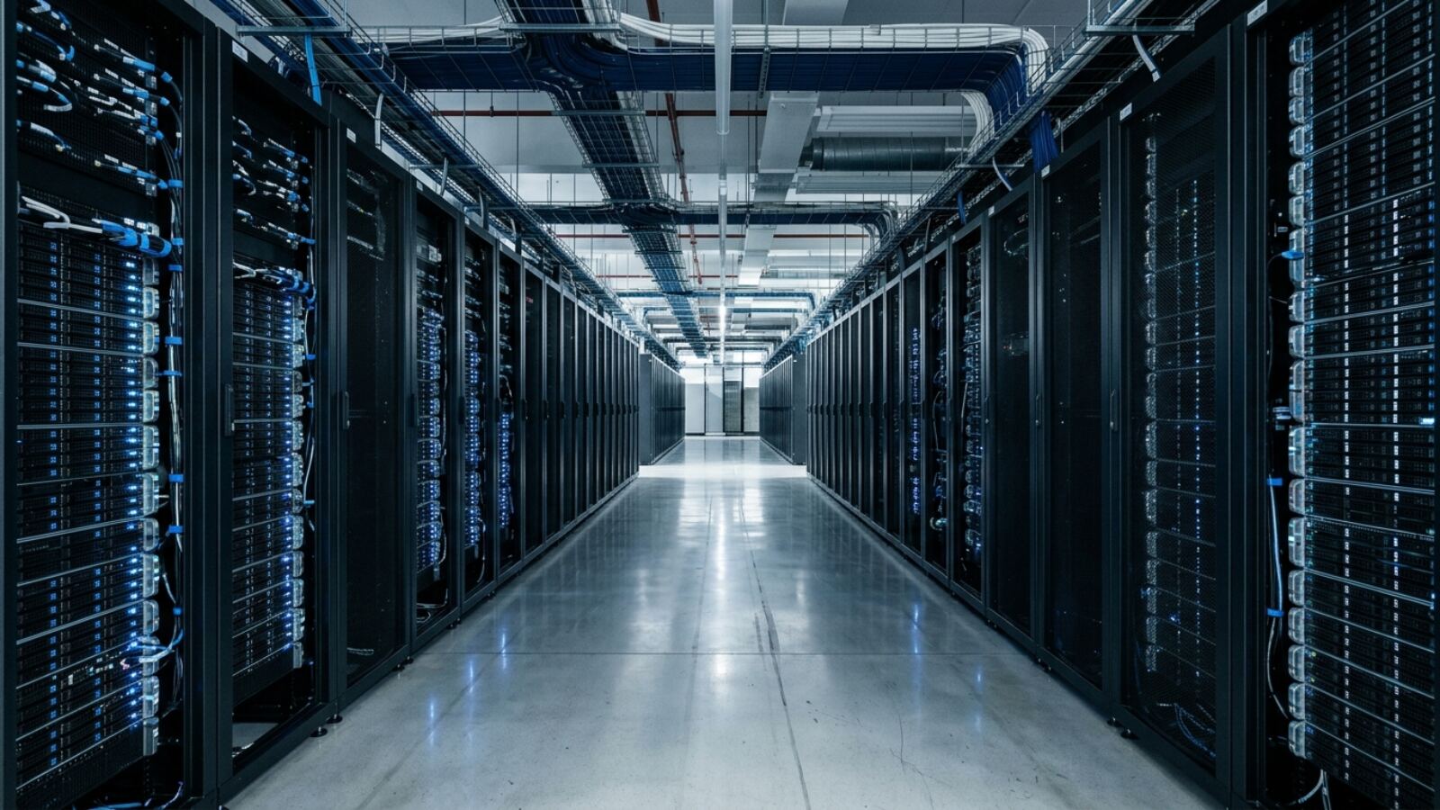 Allée de serveurs dans un centre de données européen où tourne un VPS