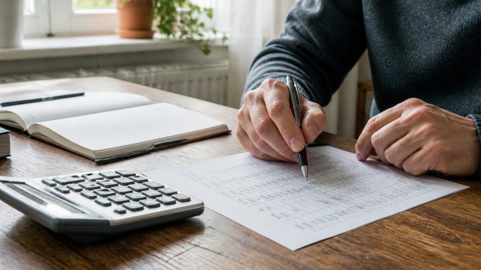 Tableau de frais annoté près d'une calculatrice pour estimer le coût de Wise Business